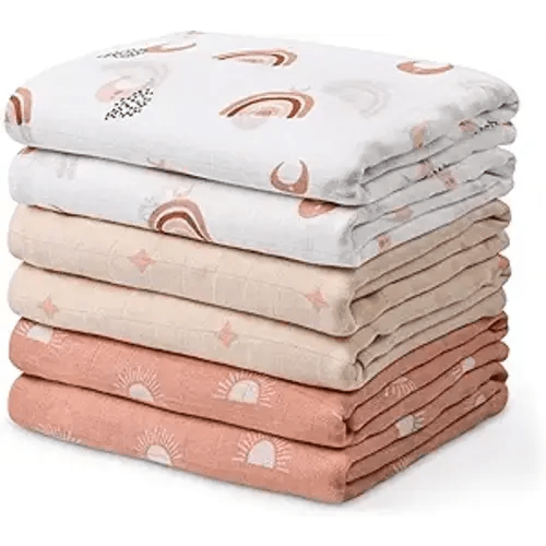 Gllquen Baby Muslin Swaddle Blankets 6 Pack, Soft Cotton Baby Swaddle, Breathable Receiving Blanket for Newborn Boys Girls, Multipurpose Nursing Cover & Stroller Sun Shade, Sun Pattern