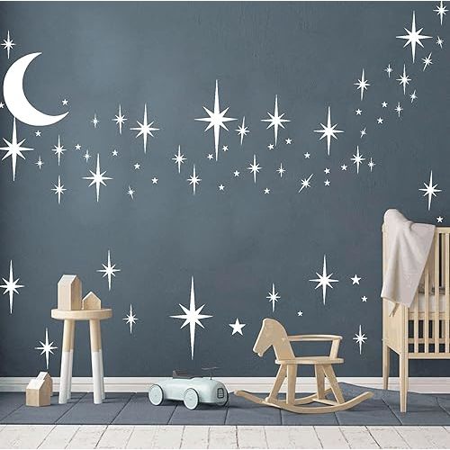 Stars and Moon Wall Decal Star Decals for Walls Nursery Wall Decal White Stick on Stars Vinyl Walls Stars Sticker Removable Peel and Stick Vinyl Stickers for Kids Girls Bedroom
