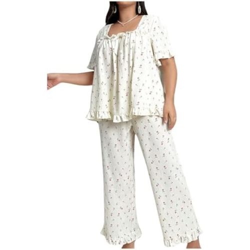 BEAUDRM Women's 2 Pieces Plus Size Square Neck Sleepwear Rose Printed Ruffled Hem Pajamas Set Lounge Wear