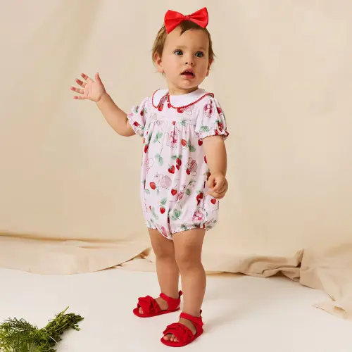 Strawberry Red Daywear Country Mouse Peter Pan Collar Bubble Romper | Posh Peanut®