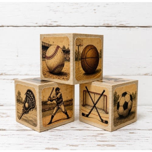 Vintage Soorts Nursery Blocks | Wooden Football Baby Blocks | Sports Nursery Decor | Hockey, Lacrosse Baby Shower Gift | Rustic Boy Nursery