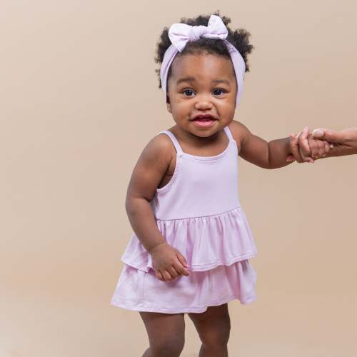 Spaghetti Strap Ruffle Romper in Thistle