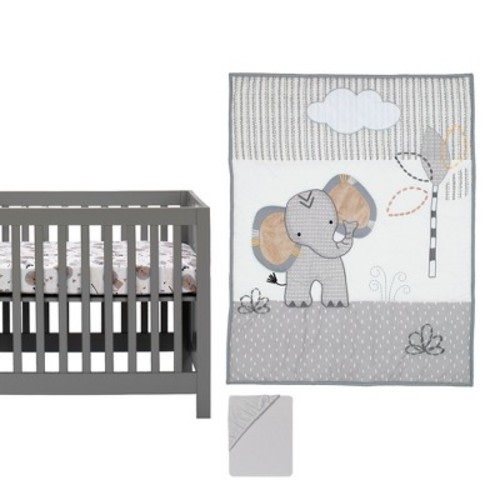 Lambs & Ivy Jungle Safari Elephant 3-Piece Mini Crib Bedding Set - Gray/White