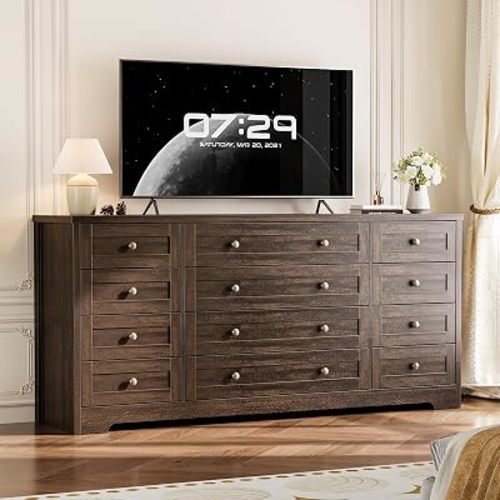 Takywep 12 Drawer Wooden Dressers for Bedroom, Brown Chest of Drawers for Adult Bedroom, Modern Wood Dresser for Closet, Living Room, Hallway, TV Stand Dresser for 65 Inch TV, 15.7"D x 63"W x 29.5"H