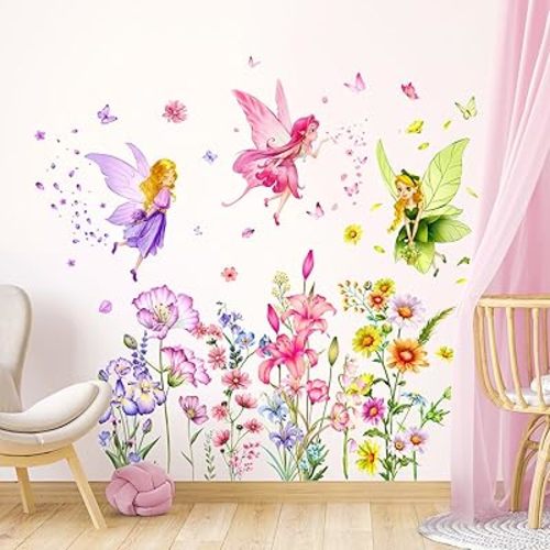 Supzone Flower Fairy Wall Stickers Butterfly Girl Wall Decals Removable Vinyl Wall Art Sticker for Girls Baby Nursery Kids Bedroom Living Room Bathroom