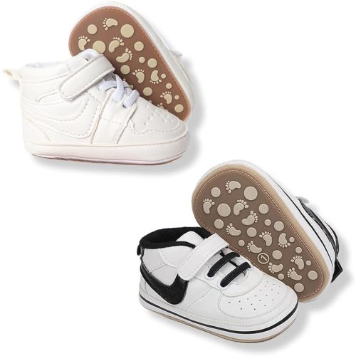 Clowora Unsex Baby Shoes Boys Girls Infant Sneakers Non-Slip Soft Rubber Sole Toddler Crib First Walker Lightweight Shoes (B01/2 Pairs_White+Black,3-6 Months)