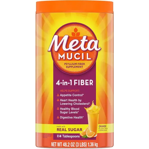 Metamucil 4-in-1 Psyllium Husk Fiber Supplement, Real Sugar, 114 tablespoons, Orange Flavored, Daily Fiber Powder for Digestive Health, made with Plant-Based Psyllium Husk Fiber