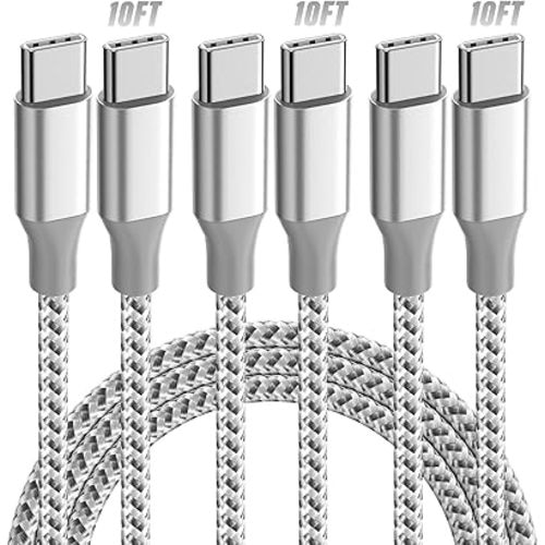 KYEHD USB C Cable,3 Pack 10FT 60W Fast Charging USB C to USB C Cable, Durable Type C Charger Cable for iPhone 17/16/15/iPad MacBook CarPlay and More-Grey White