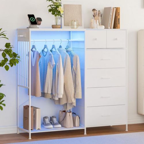 6-Drawer Dresser w/Hanging Rack, Dresser w/Charging Station & LED Lights, Kids Dressers with Shoe Rack, Chest of Drawers for Bedroom, White