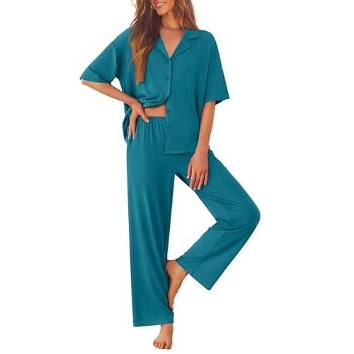 Ekouaer Women Pajamas Set Button Down Sleepwear Short Sleeve Pjs Soft Comfy Nightwear with Long Pants S-XXL