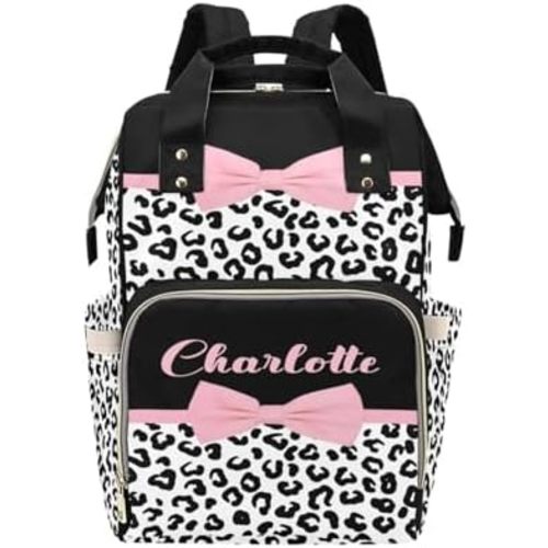 Pink Bow with Leopard Print Personalized Baby Diaper Bag – Custom Name Waterproof Nappy Backpack with Multi Compartments – Stylish Gift for Mom, Dad, Baby Shower & Outdoor Travel