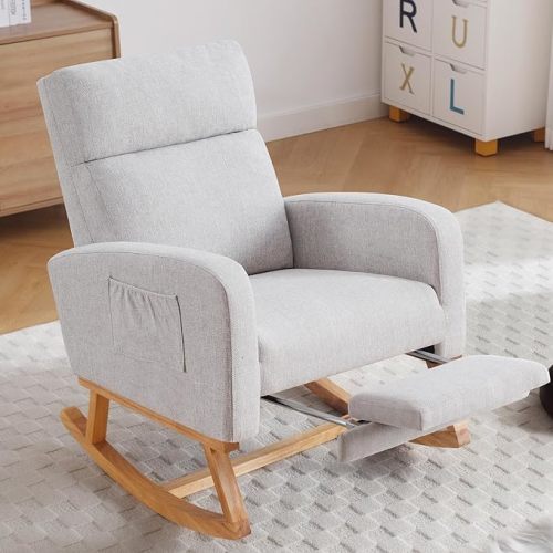 Rocking Chair Nursery with Foot Rest, Nursing Rocking Chairs for Mom Breastfeeding, Rocker Glider Chair with High Backrest for Living Room, Bedroom, Light Grey