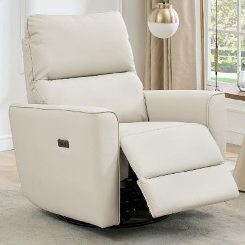 Power Recliner Chair Swivel Glider Upholstered Faux Leather Nursery Rocker Reclining Sofa Chair with Charging Port, Curved Armrests & Padded Backrest