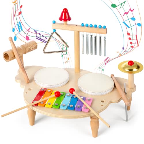 Baby Drum Set, Wooden Musical Percussion Instruments with Xylophone, Kids Drumset Educational Montessori Music Toys Birthday Gift for Boys Girls