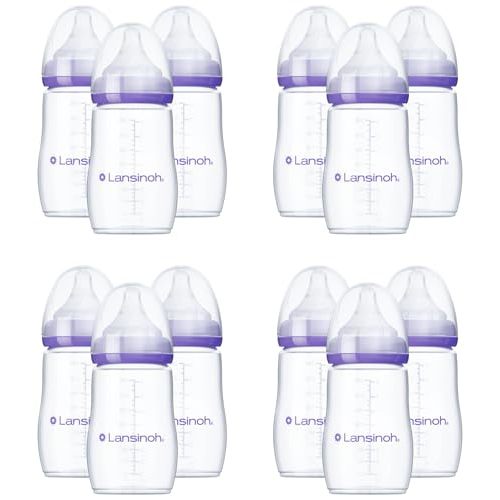 Lansinoh Anti-Colic Baby Bottles, BPA-Free Plastic, 8 Ounces, Medium Flow Nipples (Size M), Breastfeeding Bottle with NaturalWave Design, Baby Essentials (Pack of 12)