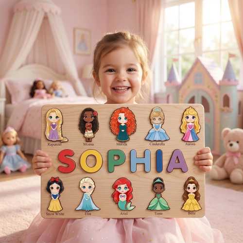 Personalized Disney Princess Name Puzzle, Wooden Baby Girl Toy, Custom Montessori Name Board, Toddler Birthday Gift