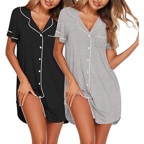 Ekouaer Nightgowns for Women 2 Pack Button Down Sleepwear Short Sleeve Sleepshirts Soft Nightshirts Boyfriend Pajama Dress