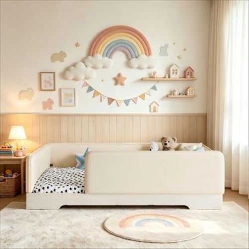 Bellemave Twin Size Upholstered Montessori Floor Bed Faux Leather Guardrails Low Profile Platform Bed Frame for Kids Toddlers Boys Girls,Beige.