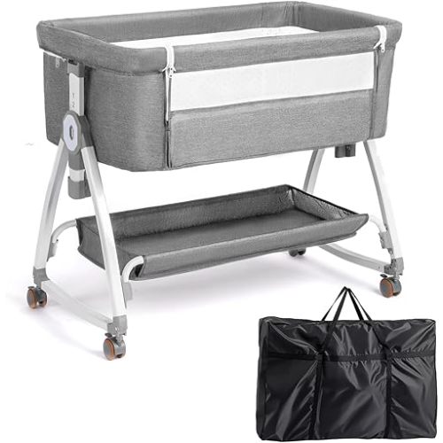 JOYMOR 3 in 1 Baby Bassinet, Bedside Bassinet for Baby, with Comfy Mattress and Wheels, 6 Height Adjustable Easy Folding Portable Bedside Crib for Newborn (Gray)