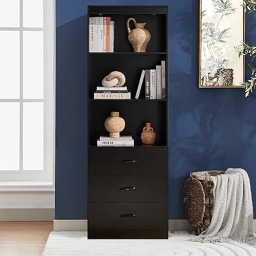 Hanamako 70" Tall Bookshelf with 3 Open Shelves and 3 Slide-Out Drawers, Wooden Bookcase with a Storage Cabinet for Living Room, Bedroom, Home Office, Black