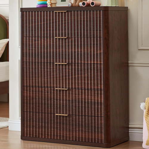 41" Tall 5 Drawer Dresser, Mid Century Wood Chest for Bedroom, Modern Closet Clothes Storage Organizer, Walnut Cabinet