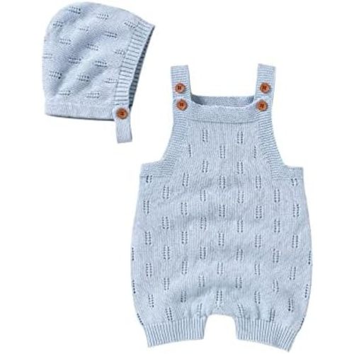 LAWKUL Baby Knit Romper Sleeveless 100% Cotton Jumpsuit with Hat Newborn Outfits Overall Bodysuit One Piece 2pcs