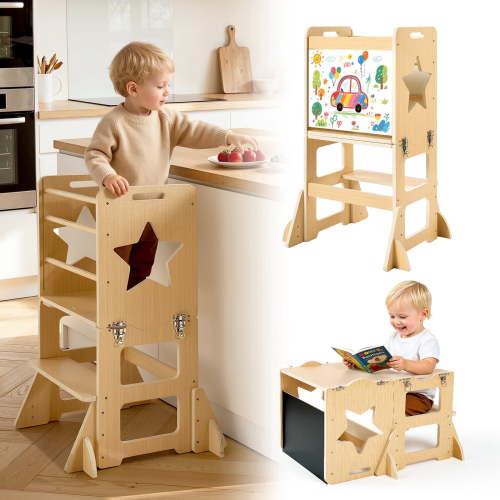 KFFKFF 4-in-1 Step Stool for Ages 1-5, Weaning Table and Chair Set with Chalkboard, Easy-to-Clean, Perfect for Kitchen, Bathroom