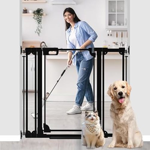 40" Clear Tall Dog Gate with Door, 29.5-47.2" Transparent Wide Baby Gates for Large Pet Cats, Walk Thru Extra High Doggie Gates Doorways Stairs Indoor, Pressure Mounted Safety Gates, Black