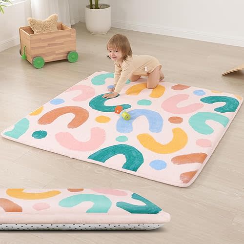 Baby Play Mat for Floor,1.3" Thick Cushioned Playpen Mat 50"x50",Extra Soft Elasti-Foam,Water Repellent Coral Velvet,Non-Slip for Crawling&Tummy Time,Infant Toddler Kids Nursery Rug(Doodle)
