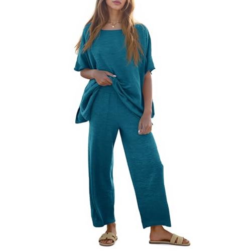 Tankaneo Women's 2 Piece Travel Outfits Casual Short Sleeve Knit Sweater Set Wide Leg Pants Lounge Sets Tracksuit