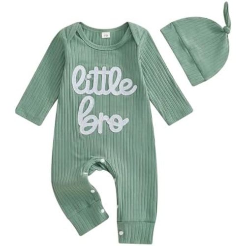 Newborn Baby Boys Romper Long Sleeve Little Brother Letter Print Ribbed Bodysuit Jumpsuit Infant Coming Home Outfit