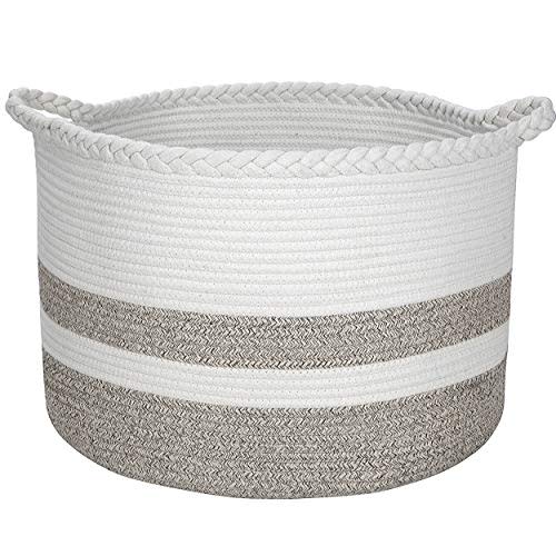 Cotton Rope Basket for Living Room Blanket Storage - Kids Playroom Storage Organizer - Woven Nursery Laundry Basket for Clothes, Bathroom Towels, Toys - Home Decorations Bins - Extra Large 20"D x 13"H