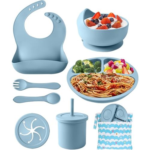 Silicone Baby Feeding Set, 10 Pcs Baby Led Weaning Supplies Baby Eating Essentials Set with Suction Bowl Divided Plate Adjustable Bib Soft Spoon Fork Cup with Lid Drinking Cup, Travel Bag (Blue)