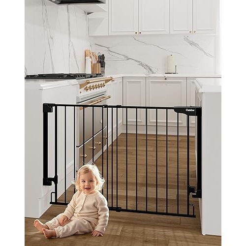 Cumbor 29.2-43" No Bottom Bar Baby Gate for Stairs, 2-in-1 Auto Close Dog Gate Indoor, Hardware Mounted Pet Gate for Doorways with Large Walk Thru Door, Child-Proof Safety Gate for Kids (Black)