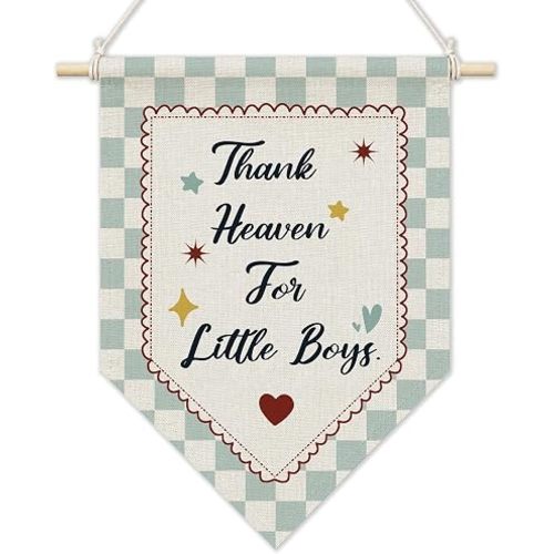 KYTWSFWS Boy Nursery Wall Art Pennant Flag, Thank Heaven for Little Boys Wall Decor, Vintage Blue Checkered Decor Hanging Flag Banner for Kids Toddler Boy Nursery Room Bedroom Playroom, 11x15 Inch