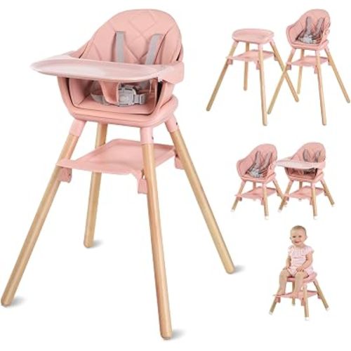 6 in1 Baby High Chair, Convertible Wooden HighChairs for Babies and Toddlers with 5-Point Safety Harness, Double Removable Tray &Waterproof PU Cushion, Reversible Footrest(Pink)