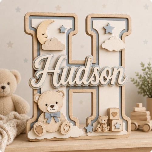 Personalized Teddy Bear Nursery Name Sign, Custom Wooden Initial Letter, Moon Star Baby Room Wall Decor Gift