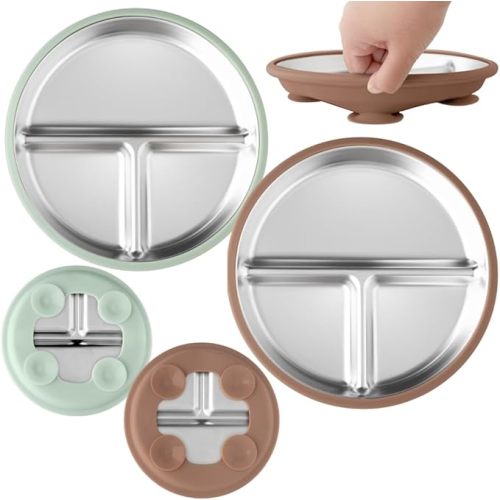 Stainless Steel Baby & Toddler Plate with Suction, Set of 2 Divided Plates with Removable Silicone Sleeves, Non Toxic BPA Free Non-Slip Unbreakable Kids Dishes (Mocha Mousse & Sage Green)