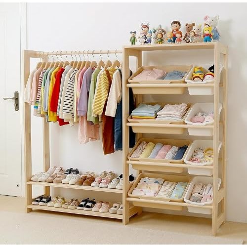 Montessori Kids Wardrobe and Toy Storage Organizer with Bins, Wooden Toddler Dress Up Clothes Rack, Open Closet with Shoe Shelves for Childrens Bedroom and Playroom, Natural Wood