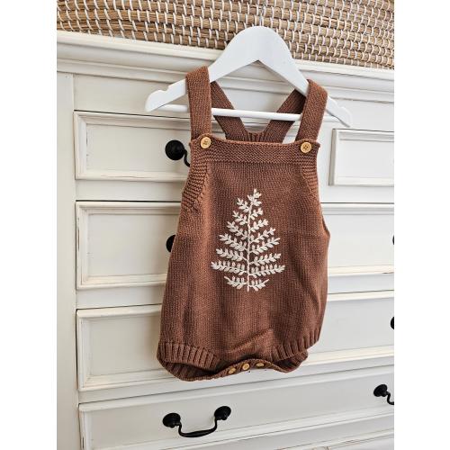 Knit baby romper with nature embroidery, boho baby outfit, soft knit baby clothes, nature embroidered dungarees, embroidered romper