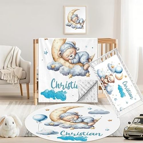 Custom Baby Crib Bedding Set, 3 Pcs Personalized Name Baby Crib Sets for Boys & Girls, Blue Moon Bear Theme Nursery Bedding Set, Soft Toddler Bedding Crib Sets Customized Gifts for Infants