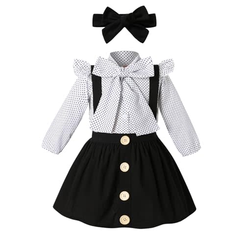 YOUNGER TREE Toddler Girl Outfits 1-4 T Long Sleeve Shirt Overall Skirt Headband Set School Uniform Dress