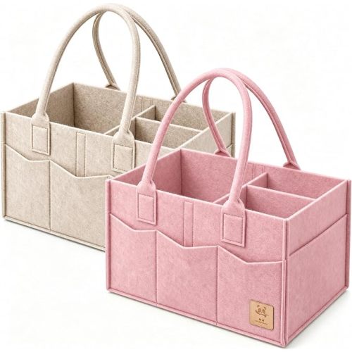 HIPHOP PANDA 2-Pack Diaper Caddy Organizer - Nursery Storage Bin & Car Organizer for Diapers, Wipes, and Baby Essentials - Dual-Color Solid Set (Pink/Oatmeal), Regular Size