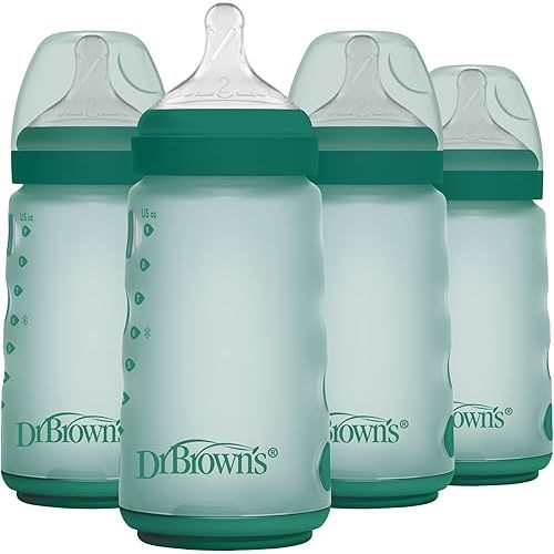 Dr. Brown's Silicone Baby Bottle with Collapsible Insert Designed to Reduce Colic, 9 oz with Wide-Neck Level 2 Medium Flow Nipple, 3m+, Green, 4-Pack