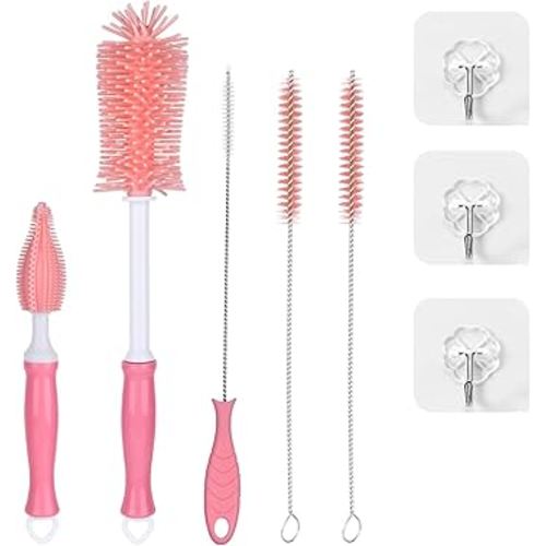 Portable Bottle Brush Set - Baby Bottle Cleaner Kit with Silicone Brush, Nipple Brush, Straw Brush, Bottle Cleaning Long Handle Water Bottle CleanerTool