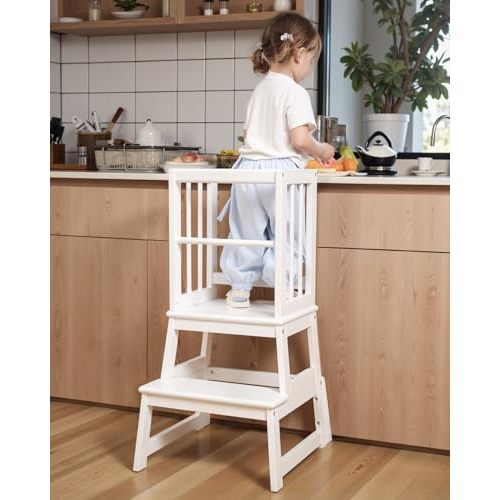 Kids Kitchen Step Stool, Ideal Toddler Learning Standing Tower, 2025 New Upgrade with an Anti-tip Structure and Anti-Drop Safety Bar, More Stable and Safer - White