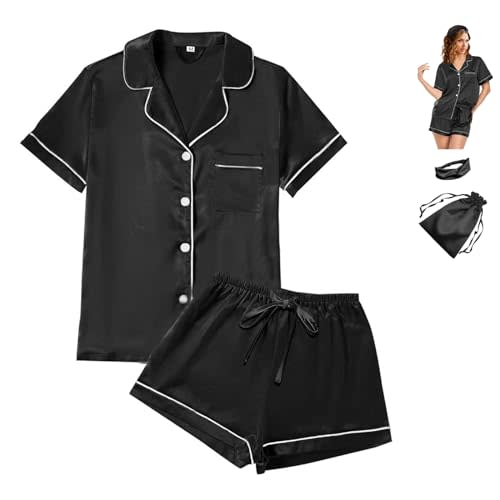 WJing Yi Jia Womens Satin Silky Pajama Sets Short Sleeve Shirt XS-4XL Floral Pajamas Set Soft PJ Loungewear Sleepwear