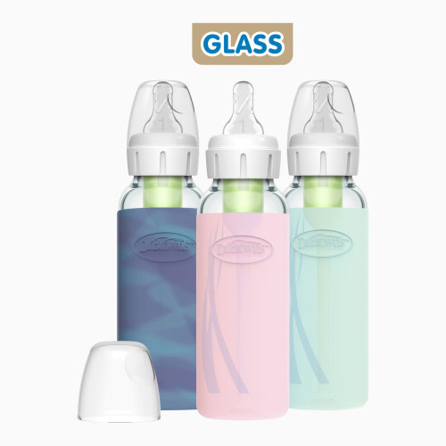 Dr. Brown's Anti-Colic Options+ Glass Narrow Baby Bottle with Protective Sleeve - Pink, 8 Oz