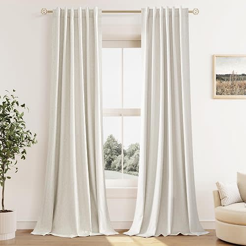 Guken Cream Linen Blackout Curtains 42 Inch Wide by 90 Inch for Living Room Bedroom Back Tab Thermal Insulated 100% Black Out Linen Drapes Room Darkening Window Curtains Ivory Natural