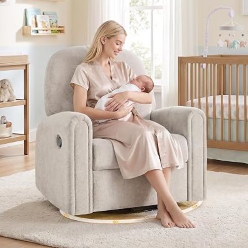 Nursery Rocking Chair, Oversized 360° Swivel Glider Recliner Chair, Chenille Nursery Glider with Tufted Backrest and Footrest, Comfy Reclining Chair for Living Room, Bedroom, Nursing, Camel